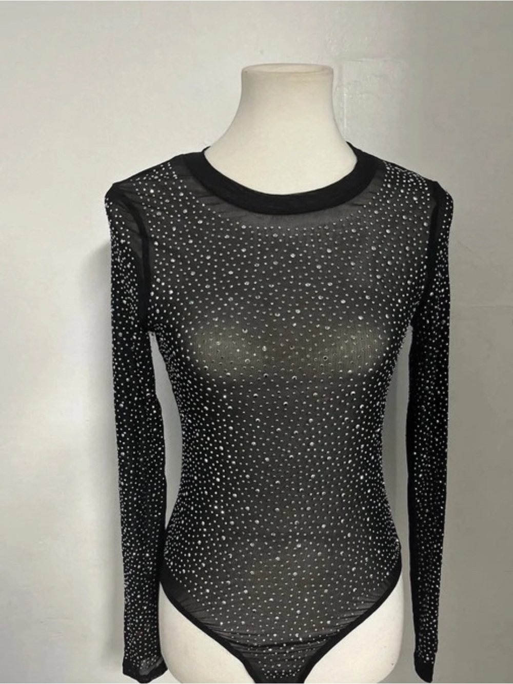 chic Black Long-Sleeve Sheer Rhinestone Bodysuit